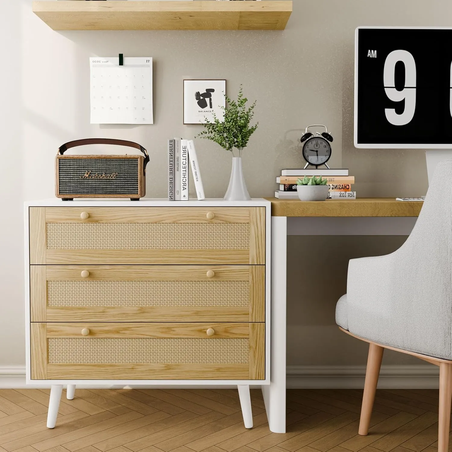 3 Drawer Storage Rattan Dresser, Boho Dresser Chest for Bedroom Hallway Living Room, White