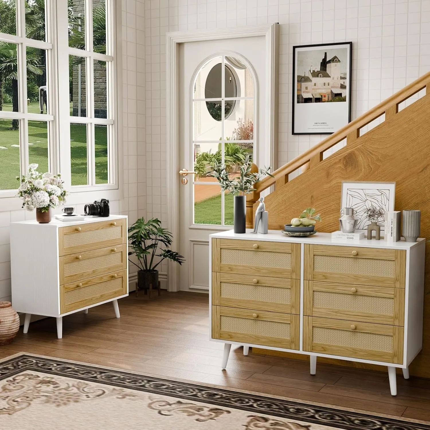 3 Drawer Storage Rattan Dresser, Boho Dresser Chest for Bedroom Hallway Living Room, White