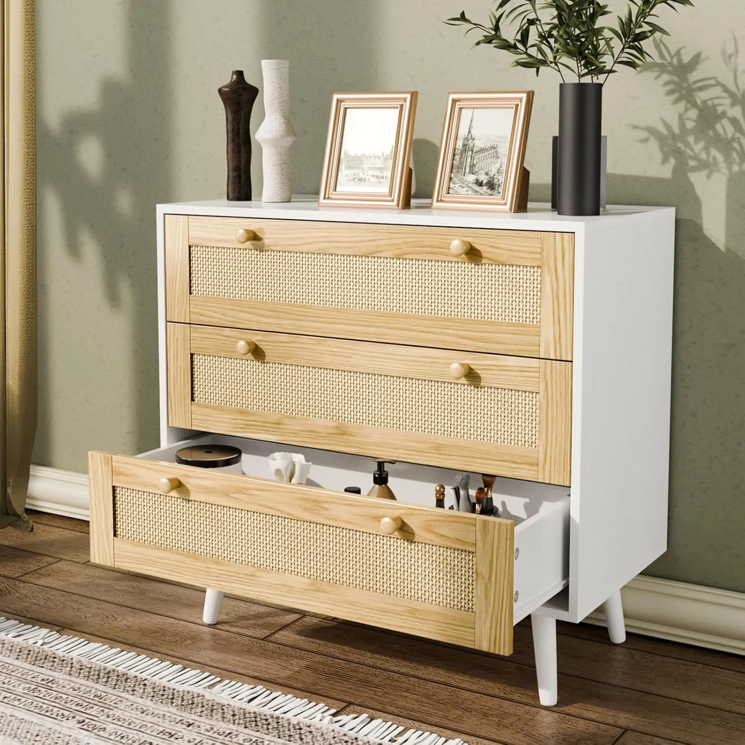 3 Drawer Storage Rattan Dresser, Boho Dresser Chest for Bedroom Hallway Living Room, White