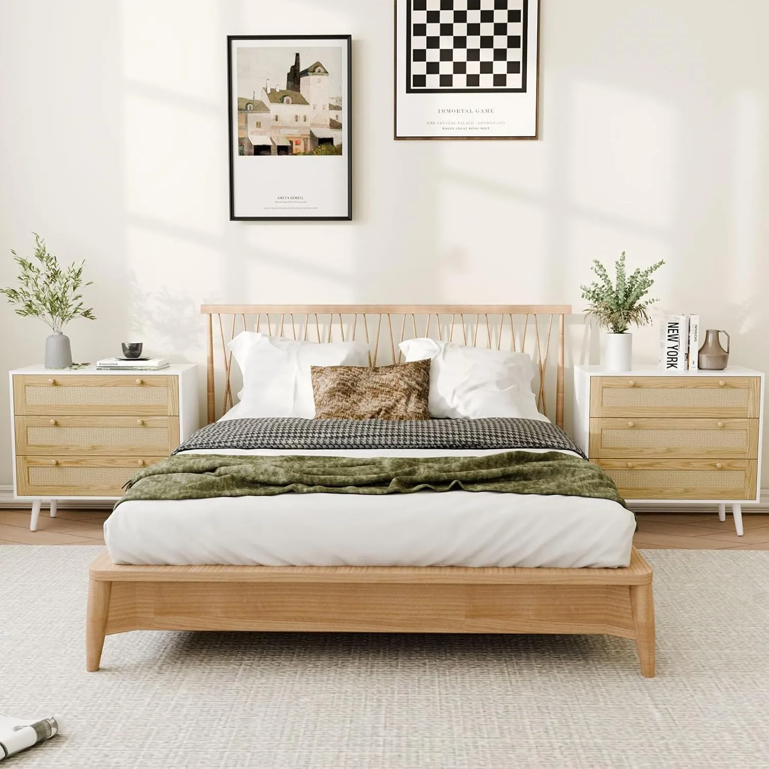 3 Drawer Storage Rattan Dresser, Boho Dresser Chest for Bedroom Hallway Living Room, White