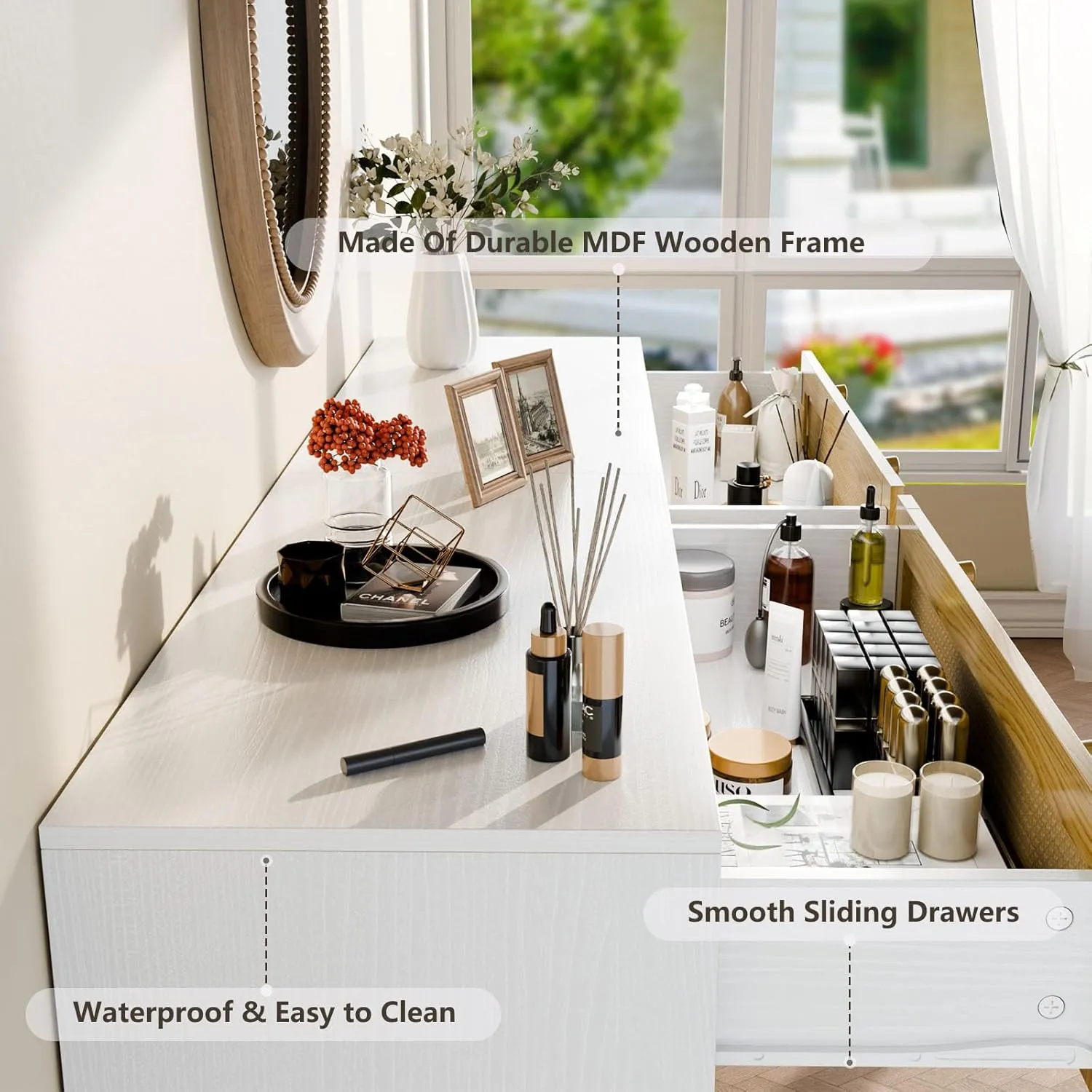 3 Drawer Storage Rattan Dresser, Boho Dresser Chest for Bedroom Hallway Living Room, White