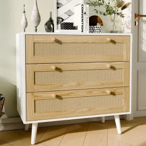 3 Drawer Storage Rattan Dresser, Boho Dresser Chest for Bedroom Hallway Living Room, White