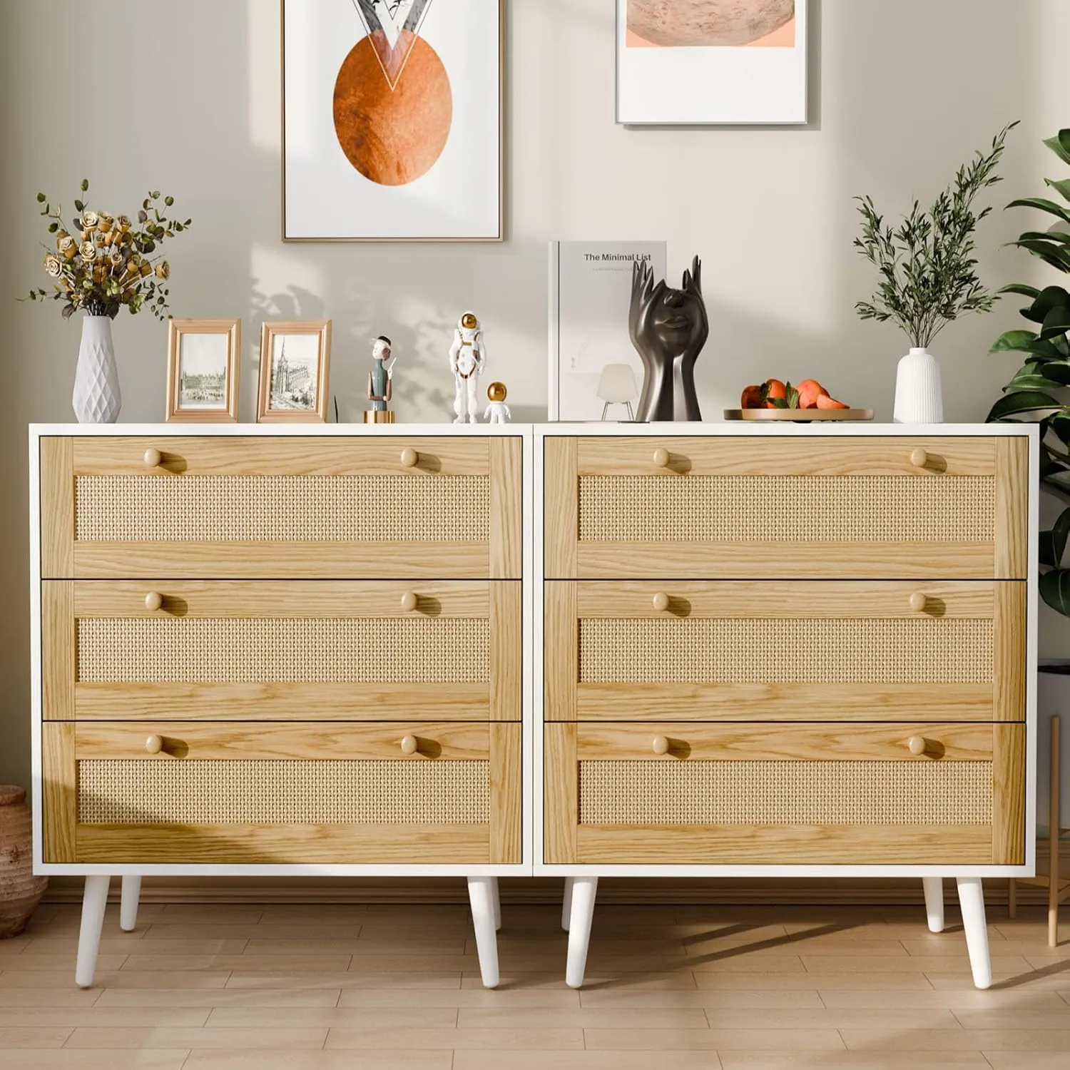 3 Drawer Storage Rattan Dresser, Boho Dresser Chest for Bedroom Hallway Living Room, White
