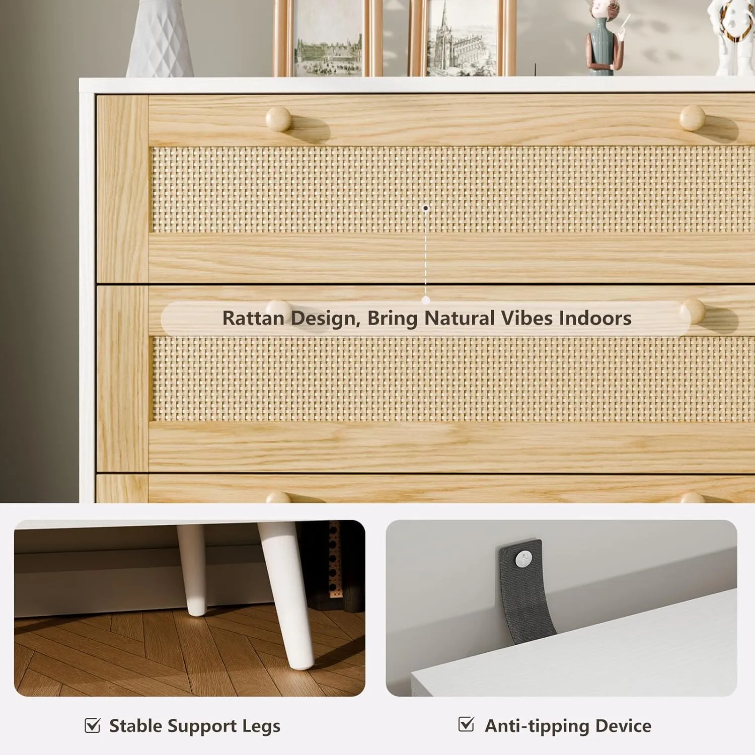 3 Drawer Storage Rattan Dresser, Boho Dresser Chest for Bedroom Hallway Living Room, White