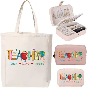 3-In-1 Teacher Element Canvas Tote Bag Grocery Reusable Handbags Jewelry Box and Makeup Bag Set For Teacher Gift