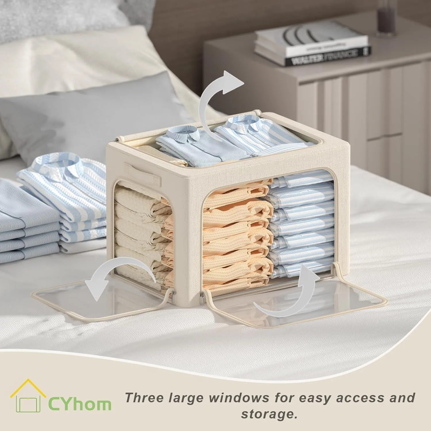 3 Openings Clothes Storage Bins Box - 3Pack Stackable Foldable Storage Bin - Metal Frame Storage Box Clothing Storage Organizer with Clear Window, Carry Handles (Beige, 100L-23.6x16.5x15.7in)