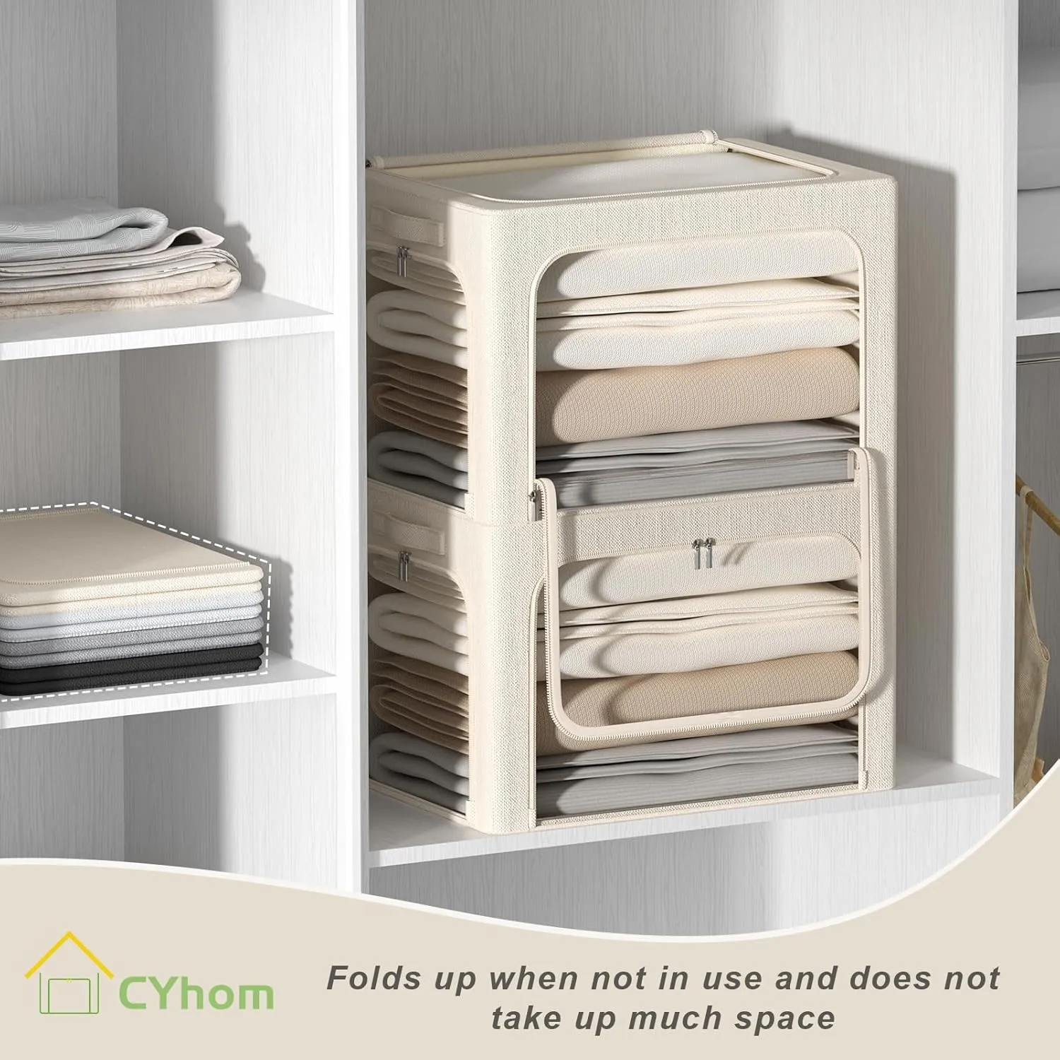 3 Openings Clothes Storage Bins Box - 3Pack Stackable Foldable Storage Bin - Metal Frame Storage Box Clothing Storage Organizer with Clear Window, Carry Handles (Beige, 100L-23.6x16.5x15.7in)