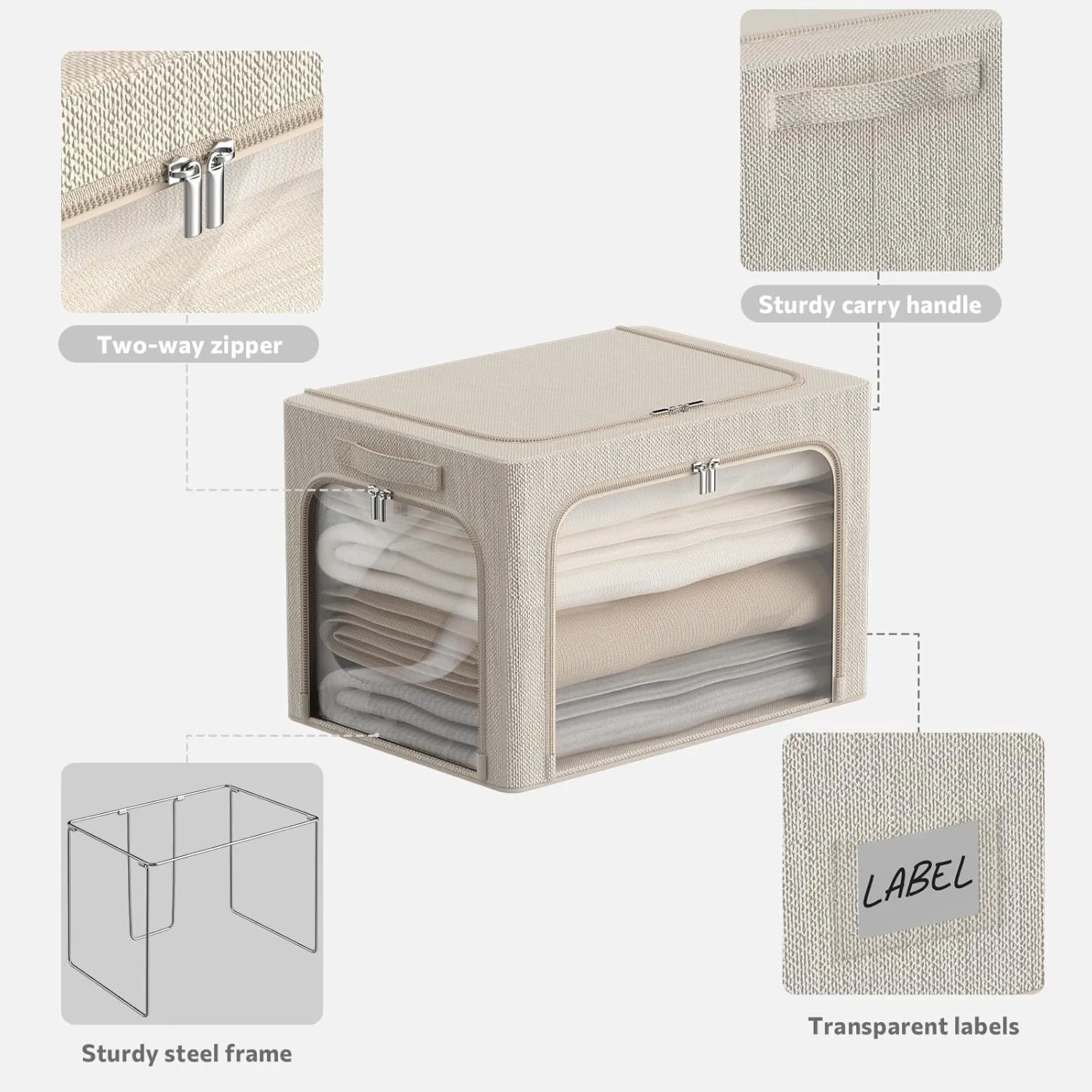 3 Openings Clothes Storage Bins Box - 3Pack Stackable Foldable Storage Bin - Metal Frame Storage Box Clothing Storage Organizer with Clear Window, Carry Handles (Beige, 100L-23.6x16.5x15.7in)