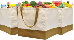 3 Pack Canvas Reusable Grocery Bags Heavy Duty, 8.3 gal Foldable Large Canvas Tote Bag with Handles, Holds 60 lbs Canvas Shopping Bags & Washable Eco-friendly Bags with 5 Pockets, camel Off white