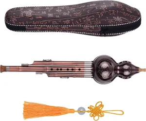 3 Tone C-Key Hulusi Gourd Cucurbit Flute Aluminum with Copper Plated Pipes Chinese Traditional Instrument with Chinese Knot Carry Case for Beginners Musical Amateurs