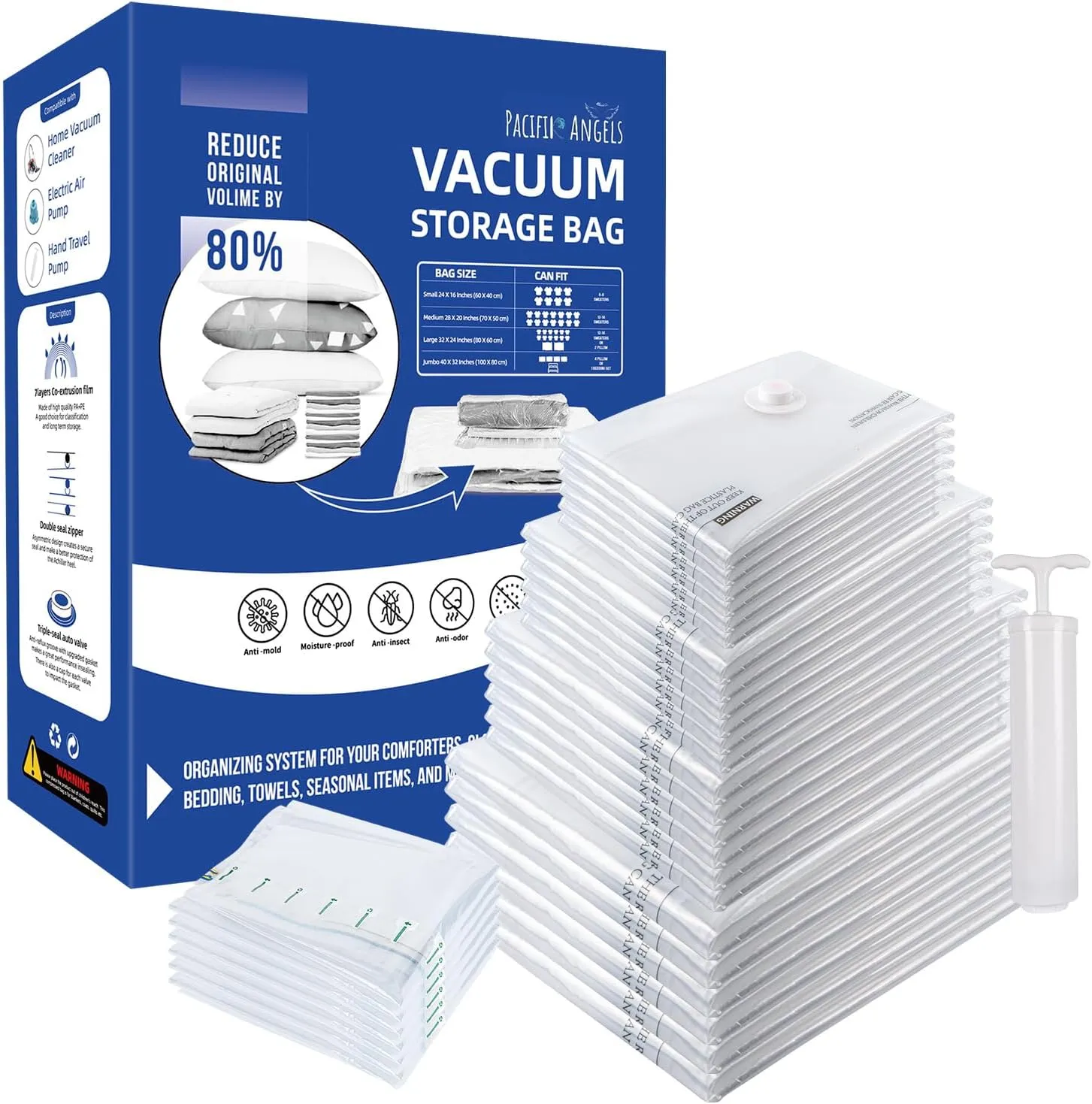 30-Pack Heavy-Duty Premium Vacuum Storage Bags – 6 Jumbo/6 Large/6 Medium/6 Small/6 Roll Bags   FREE Travel Hand Pump. Ultra-Thick, Airtight & Reusable.