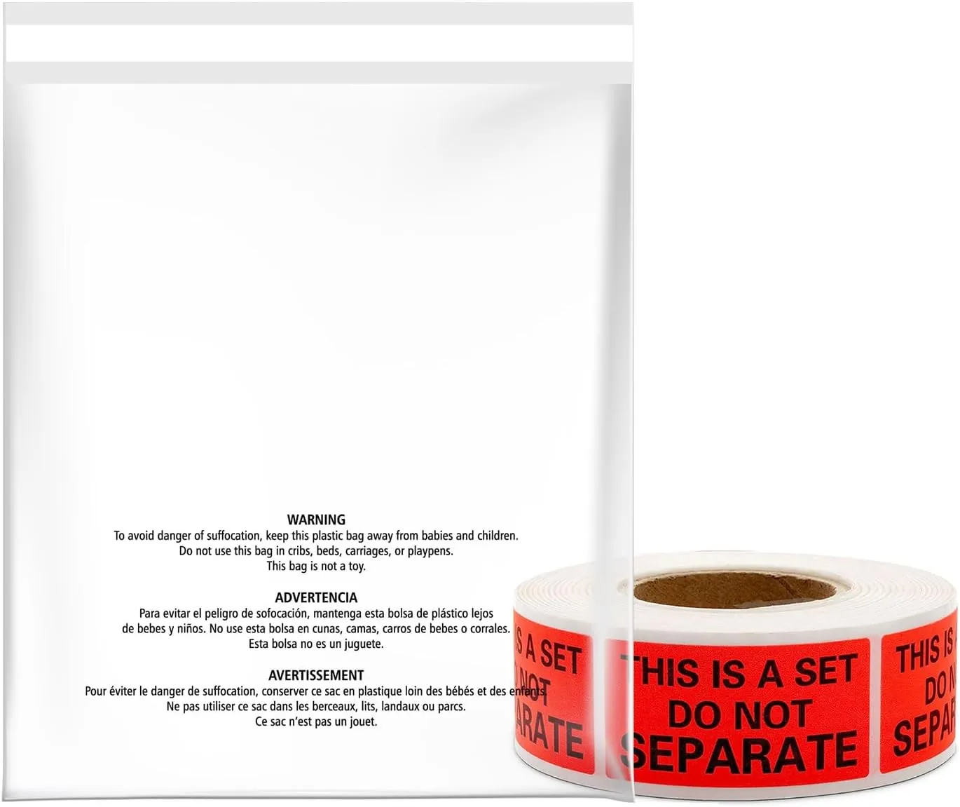 300 Count 6x9 Inch Clear Poly Bags with Suffocation Warning, Self-Seal, Strong Permanent Adhesive for Shipping Clothing, T-Shirts, and More - Includes 500 'This is a Set, Do Not Separate' Stickers