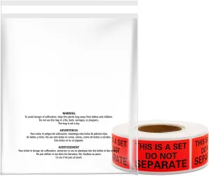 300 Count 6x9 Inch Clear Poly Bags with Suffocation Warning, Self-Seal, Strong Permanent Adhesive for Shipping Clothing, T-Shirts, and More - Includes 500 'This is a Set, Do Not Separate' Stickers
