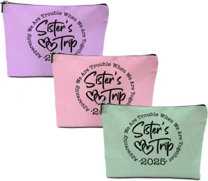 3Pcs Sister Trip 2025 Makeup Bag Funny Girls Trip Gifts Favors Girls Weekend Sister Gifts Best Sister Weekender Birthday Vacation Traval Cosmetic Bag Bachelorette Party Friendship Gifts for Women