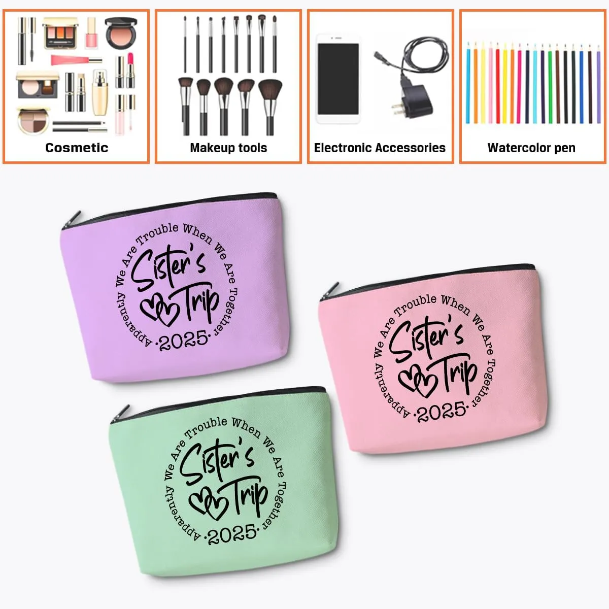 3Pcs Sister Trip 2025 Makeup Bag Funny Girls Trip Gifts Favors Girls Weekend Sister Gifts Best Sister Weekender Birthday Vacation Traval Cosmetic Bag Bachelorette Party Friendship Gifts for Women