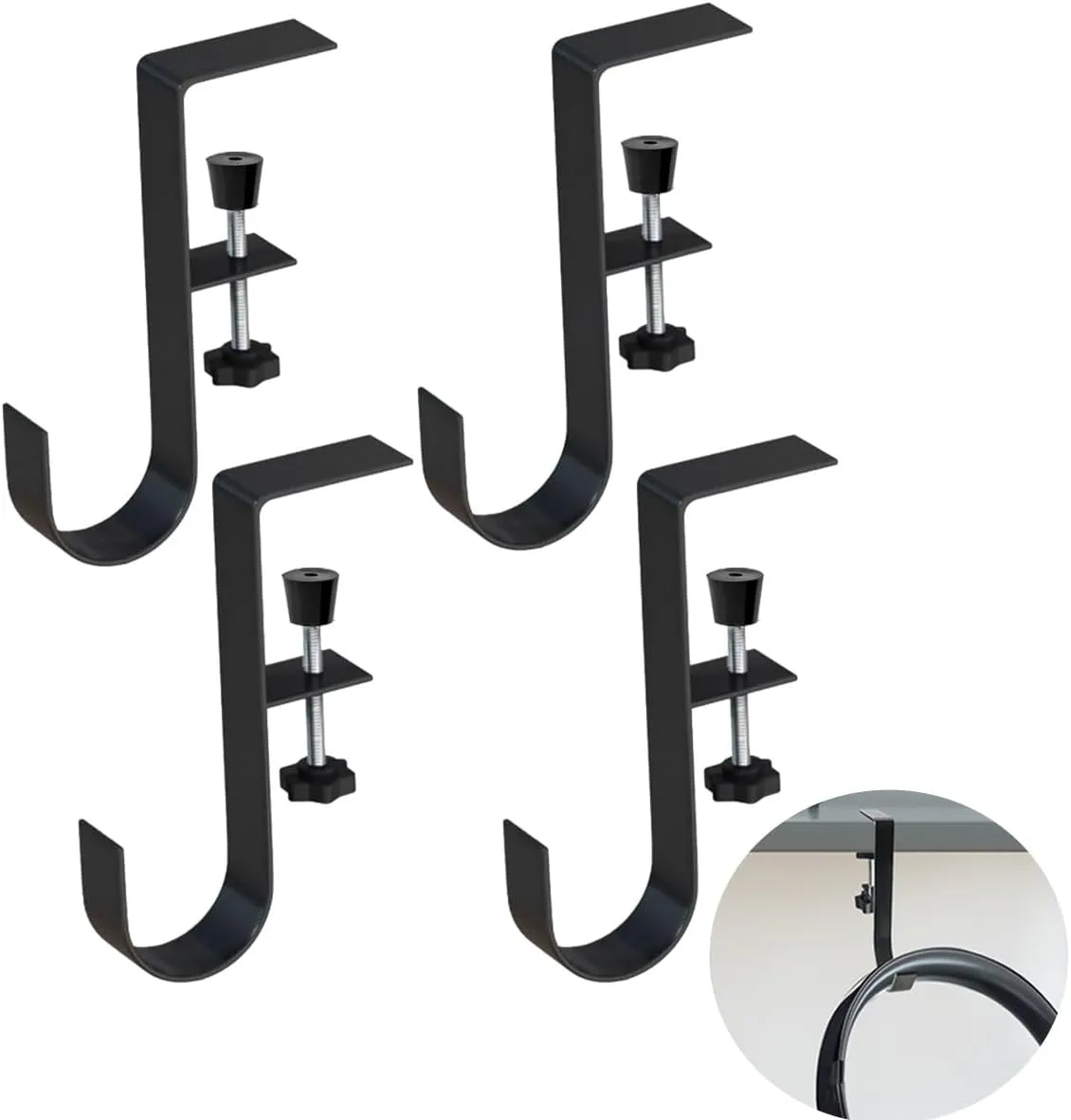 4pcs Desk Hooks, Under Shelf Table Storage Hooks Clip-On Desktop Accessory for Organizing Book Bags and Desktop Miscellaneous Items (Black)