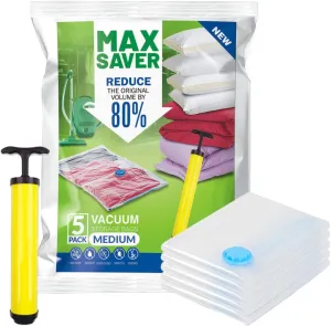 5 Pack Max Saver Space SaverZiplock Bags For Travel Packing, 5 Medium(50X70) cm Reusable Travel Essentials Vacuum Packing Bags With Handpump For Travelling, Plastic Compression Storage Organizer