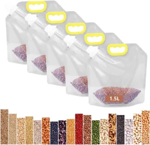 5 Pack Rice Storage Container Organization Bag with Pour Spout and Handle 50oz Clear Moisture-Proof Airtight Rice Dispenser for Grain Cereal Flour Sugar Bean Nut Tea Powder Kitchen Pantry