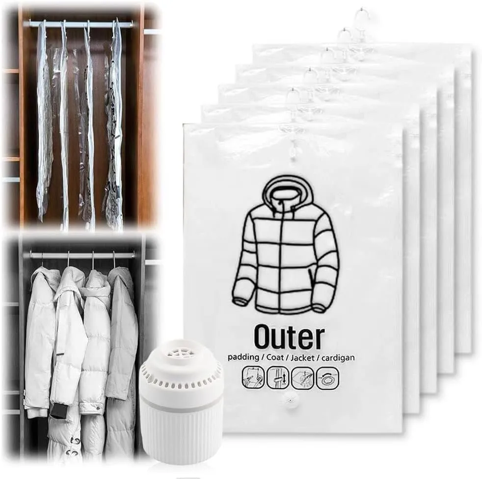 5 PCS Hanging Vacuum Storage Bags with Electric Pump, Vacuum Sealer Bags Clothes Hanging Compressible Storage Bag for Travel, Hanging Space Saver Bag for Luggage Clothes Packing (Medium)