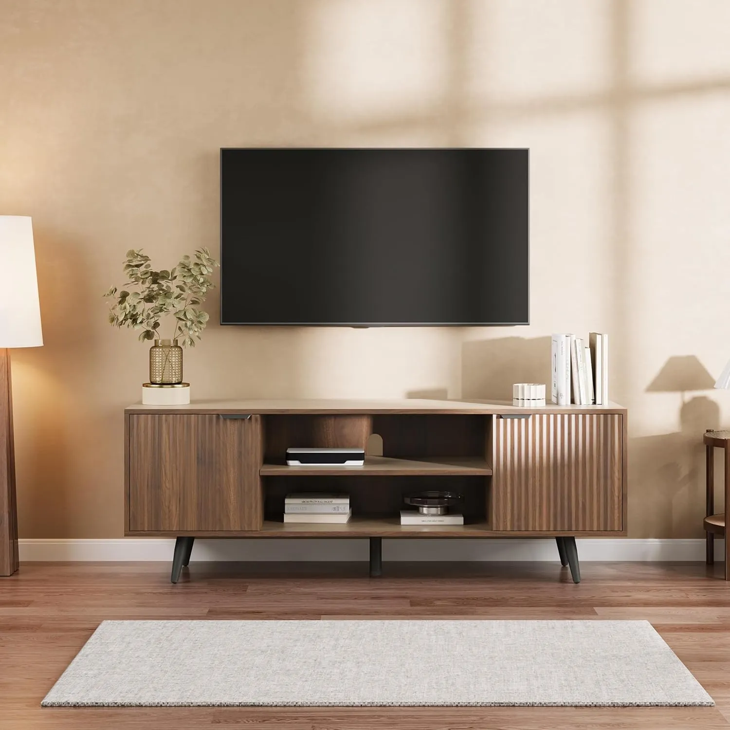 59" Modern TV Stand with Storage Cabinet, Wood Fashionable TV Cabinet with Waveform Panel and Adjustable Shelf, Entertainment Center TV Stand for 69'' TV, Living Room Furniture, Dark Walnut
