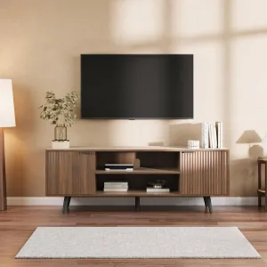 59" Modern TV Stand with Storage Cabinet, Wood Fashionable TV Cabinet with Waveform Panel and Adjustable Shelf, Entertainment Center TV Stand for 69'' TV, Living Room Furniture, Dark Walnut