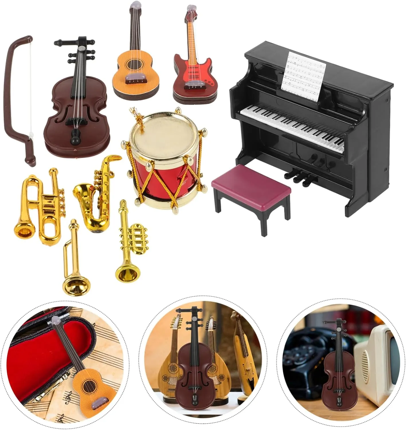 5sets Miniature Musical Instrument for Dollhouse Decor of Realistic Piano Violin and Drum Models for Projects and Mini Music Rooms Safe Lightweight Design