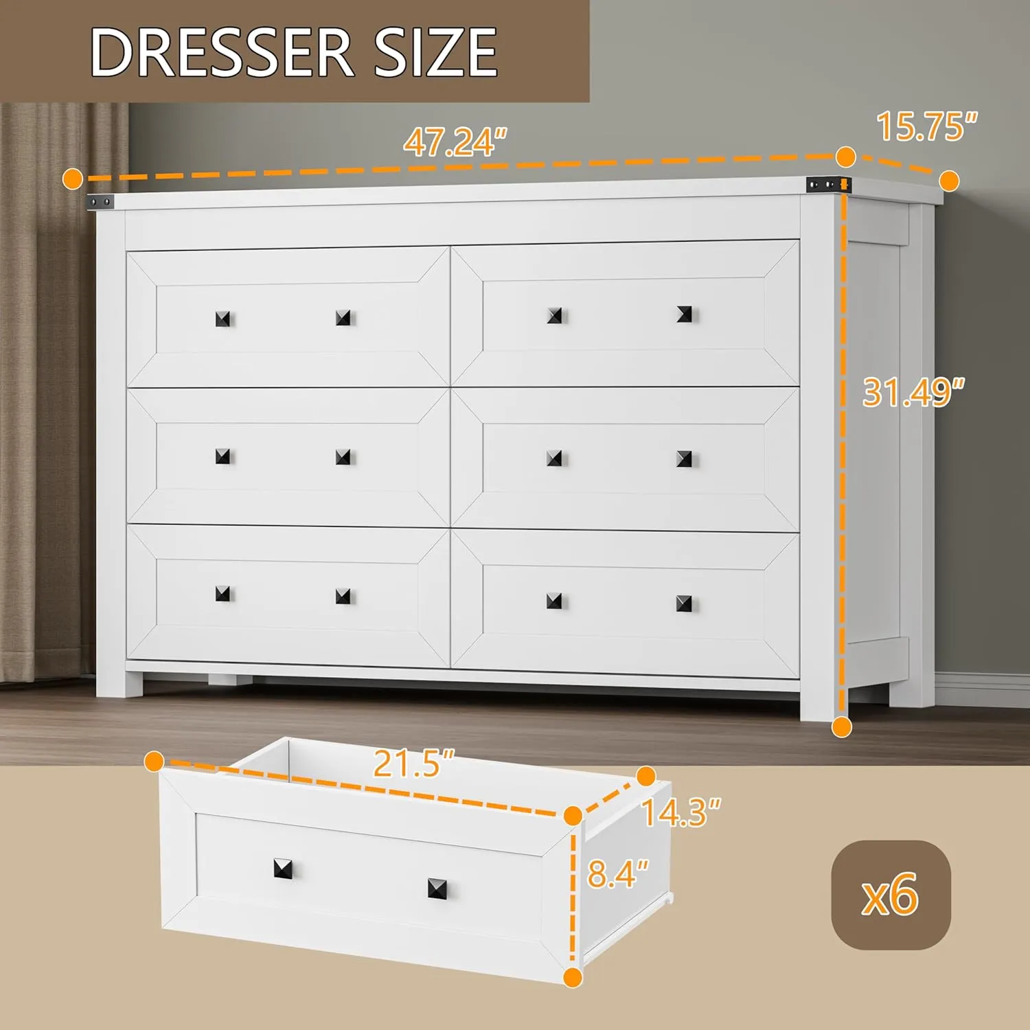 6-Drawer Dresser for Bedroom, Chest of Drawers with Ample Storage, Modern Farmhouse-Style Wooden Dresser for Bedroom, Hallway, Entryway, Closet