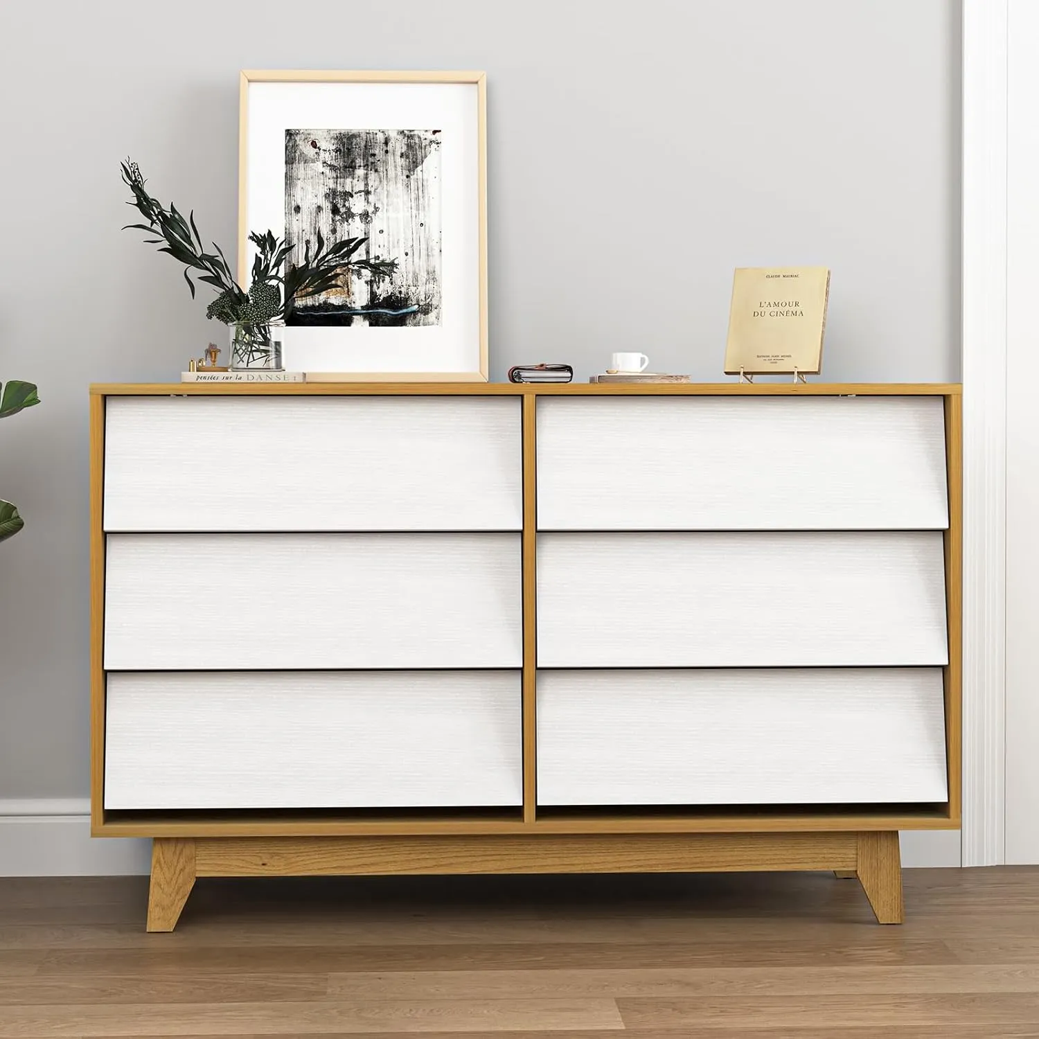 6 Drawer Dresser for Bedroom, Wood Dresser for Closet, Storage Chest of Beveled Drawers, Wide Dresser TV Stand for Living Room Hallway