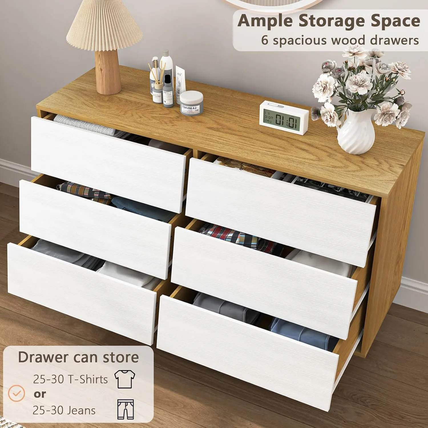 6 Drawer Dresser for Bedroom, Wood Dresser for Closet, Storage Chest of Beveled Drawers, Wide Dresser TV Stand for Living Room Hallway
