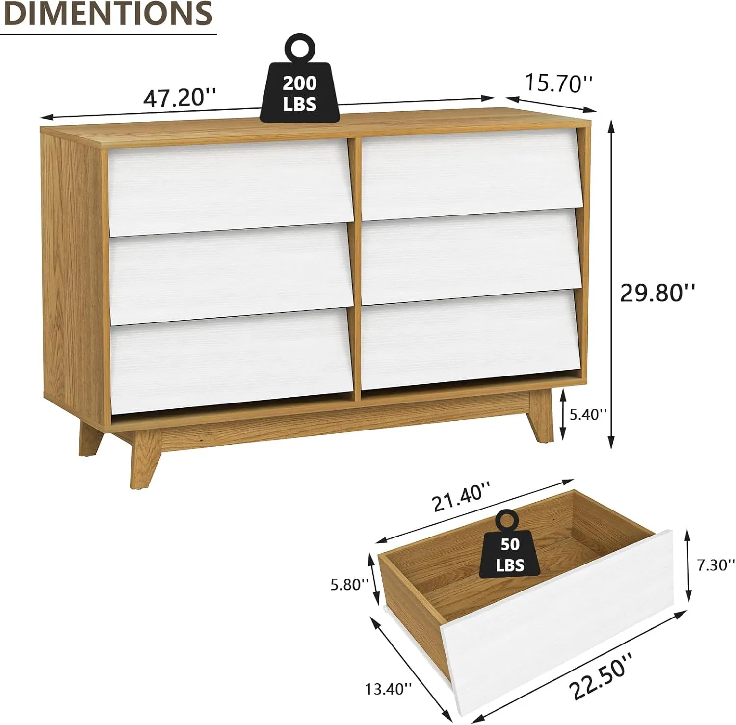6 Drawer Dresser for Bedroom, Wood Dresser for Closet, Storage Chest of Beveled Drawers, Wide Dresser TV Stand for Living Room Hallway