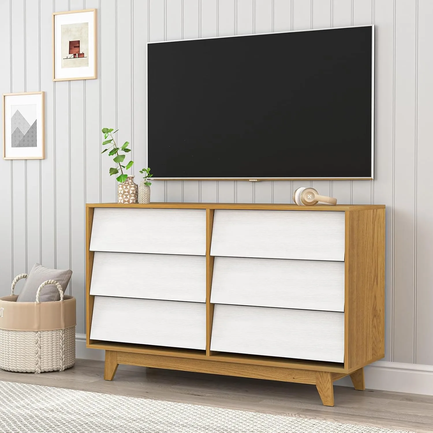 6 Drawer Dresser for Bedroom, Wood Dresser for Closet, Storage Chest of Beveled Drawers, Wide Dresser TV Stand for Living Room Hallway