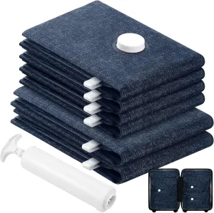 6 Pack Cloth Vacuum Storage Bags, Vacuum Seal Bags for Clothing with Hand Pump, 2 Large 4 Medium, 80% Space Saver Bags for Luggage, Comforters,Blankets, Home Travel Essentials(Demin)