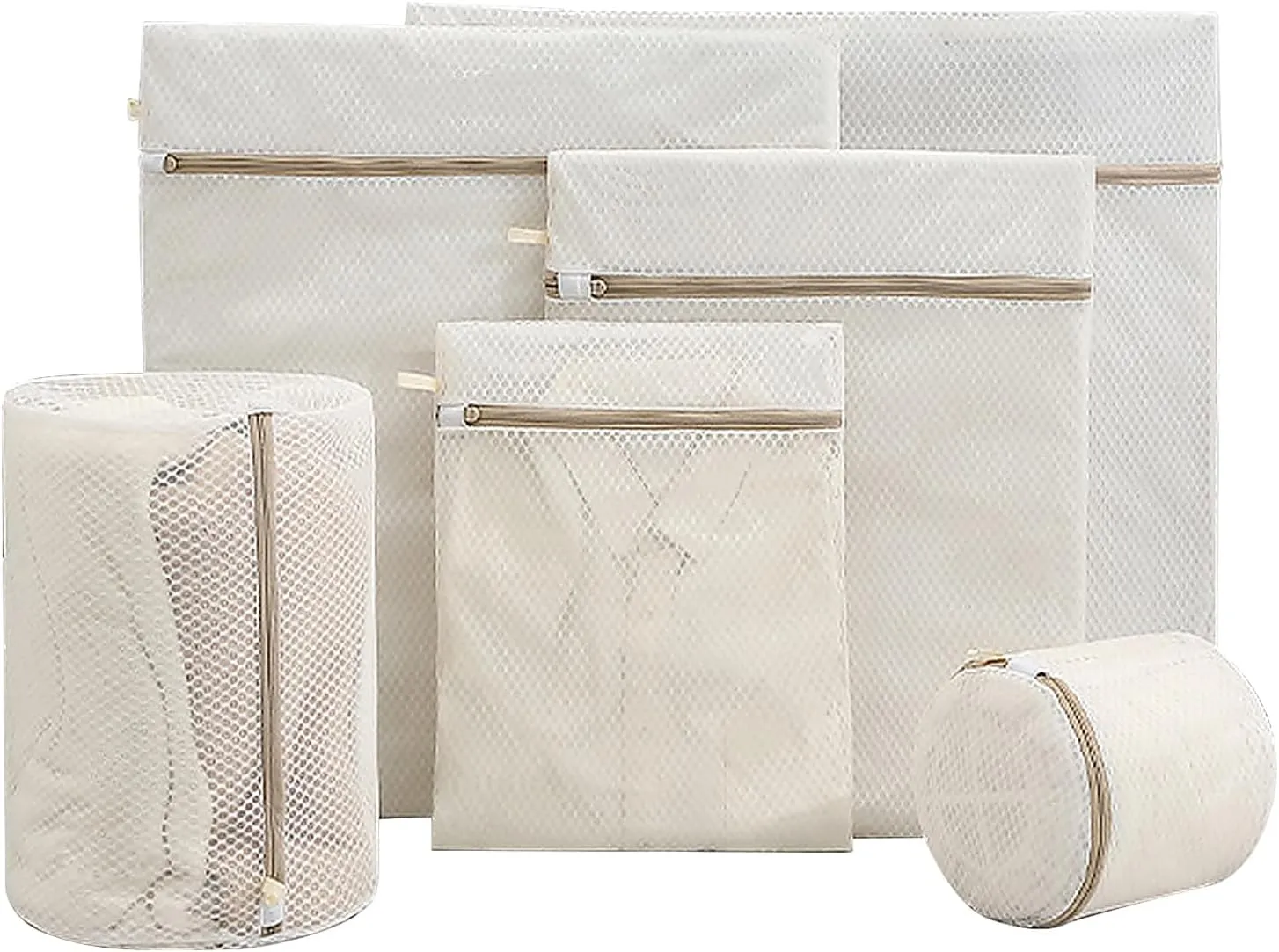 6 PCS Laundry Bags Set of Durable Mesh Bags for Lingerie, Underwear, Socks,Travel Storage Organize Bag - 6 Sizes,Beige