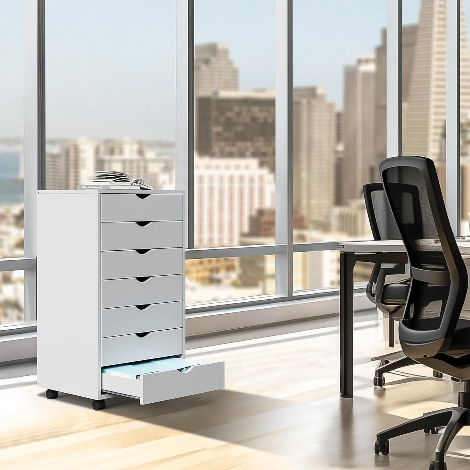 7-Drawer Chest File Cabinet, Wood Dresser Chest Mobile Office Storage Cabinets with Wheels, Small Tall Dressers Rolling Vertical File Cabinet Wood Organization Furniture for Office, Home, Black