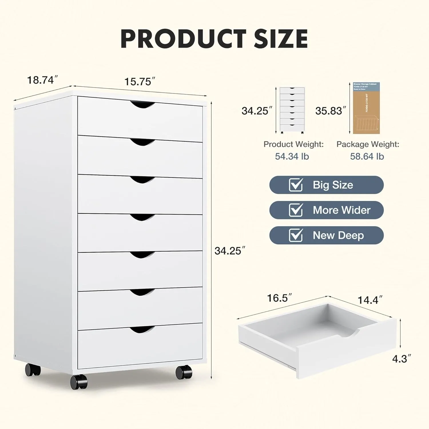 7-Drawer Chest File Cabinet, Wood Dresser Chest Mobile Office Storage Cabinets with Wheels, Small Tall Dressers Rolling Vertical File Cabinet Wood Organization Furniture for Office, Home, Black