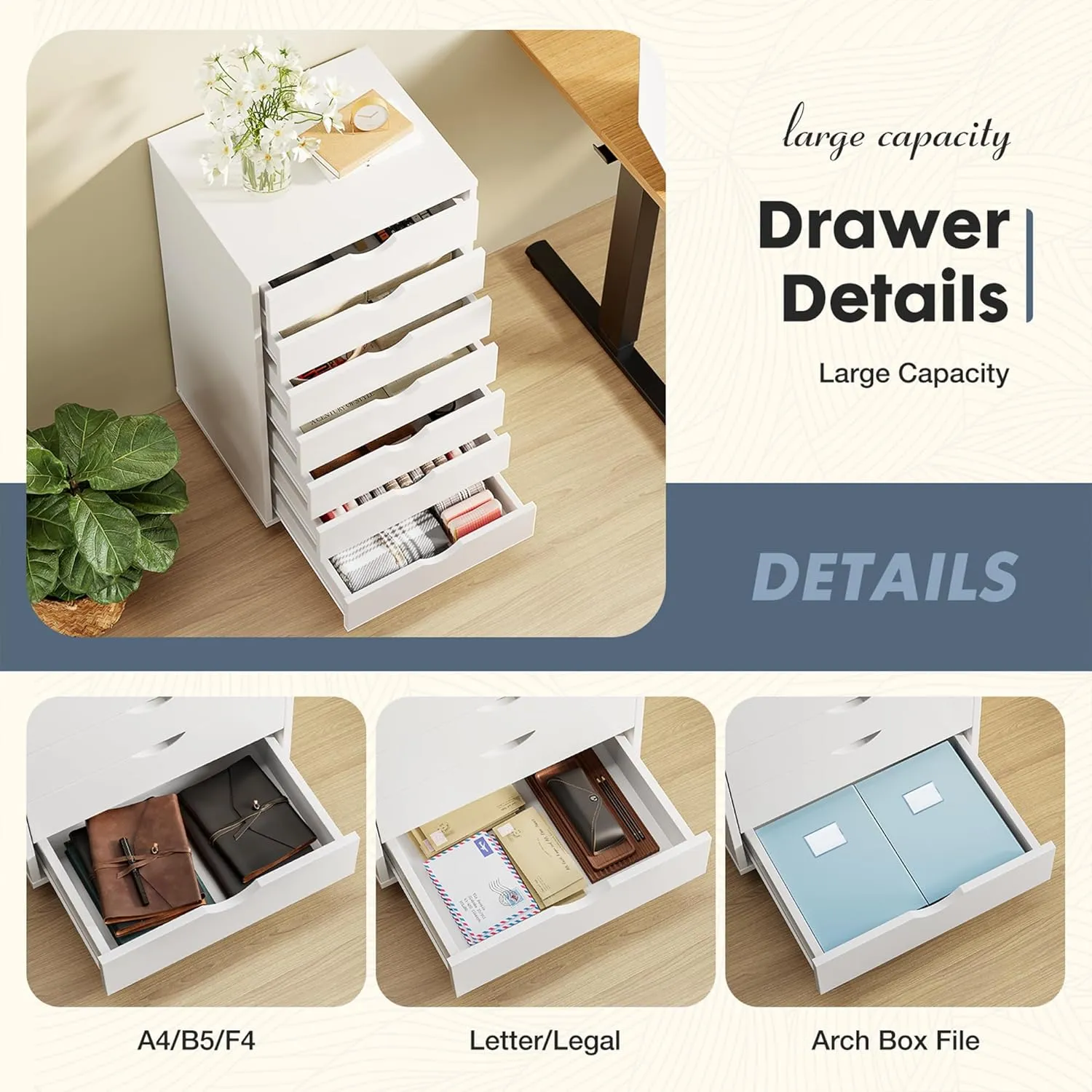 7-Drawer Chest File Cabinet, Wood Dresser Chest Mobile Office Storage Cabinets with Wheels, Small Tall Dressers Rolling Vertical File Cabinet Wood Organization Furniture for Office, Home, Black