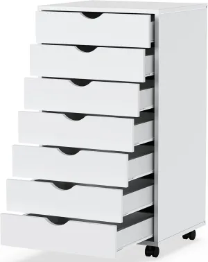 7-Drawer Chest File Cabinet, Wood Dresser Chest Mobile Office Storage Cabinets with Wheels, Small Tall Dressers Rolling Vertical File Cabinet Wood Organization Furniture for Office, Home, Black
