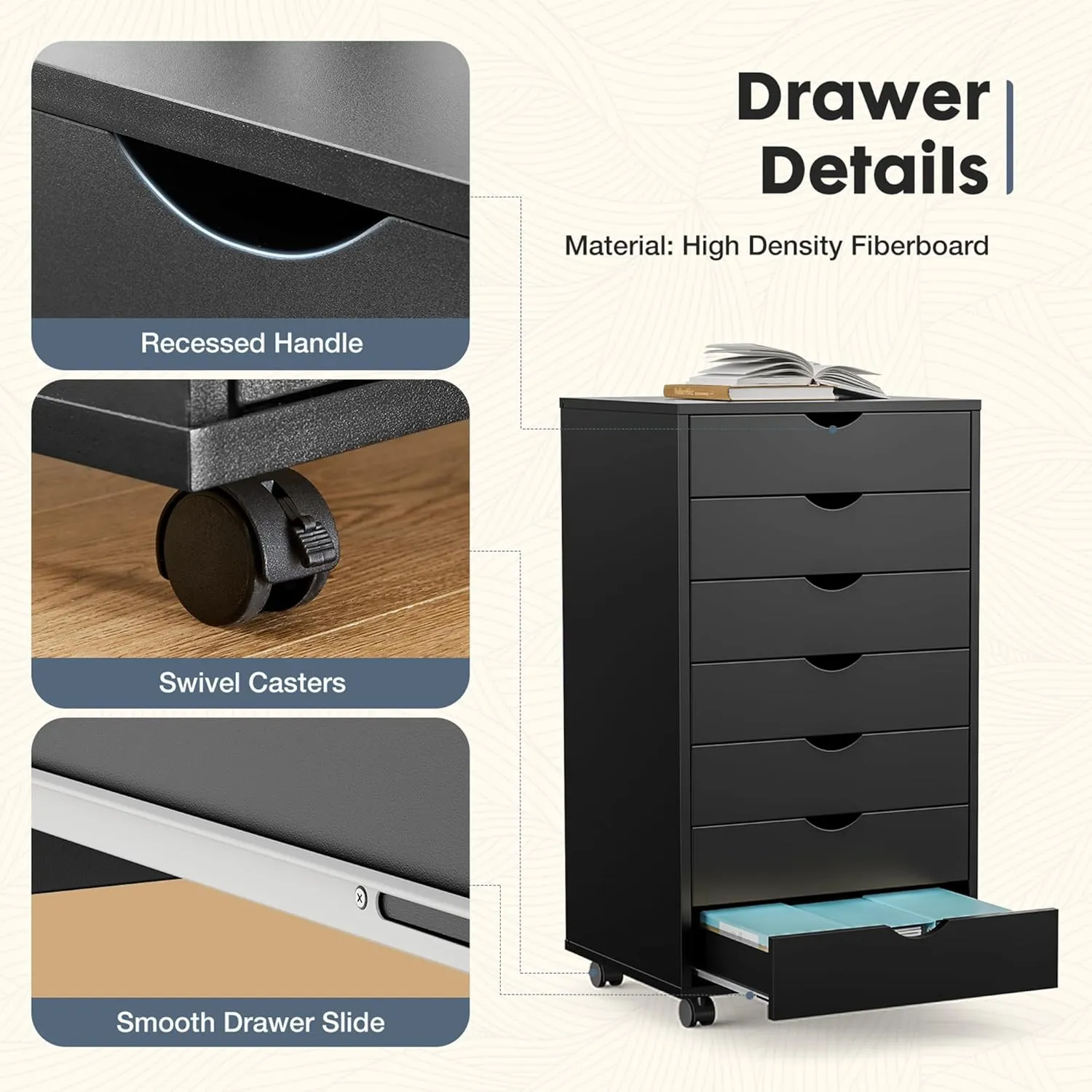 7-Drawer Chest File Cabinet, Wood Dresser Chest Mobile Office Storage Cabinets with Wheels, Small Tall Dressers Rolling Vertical File Cabinet Wood Organization Furniture for Office, Home, White