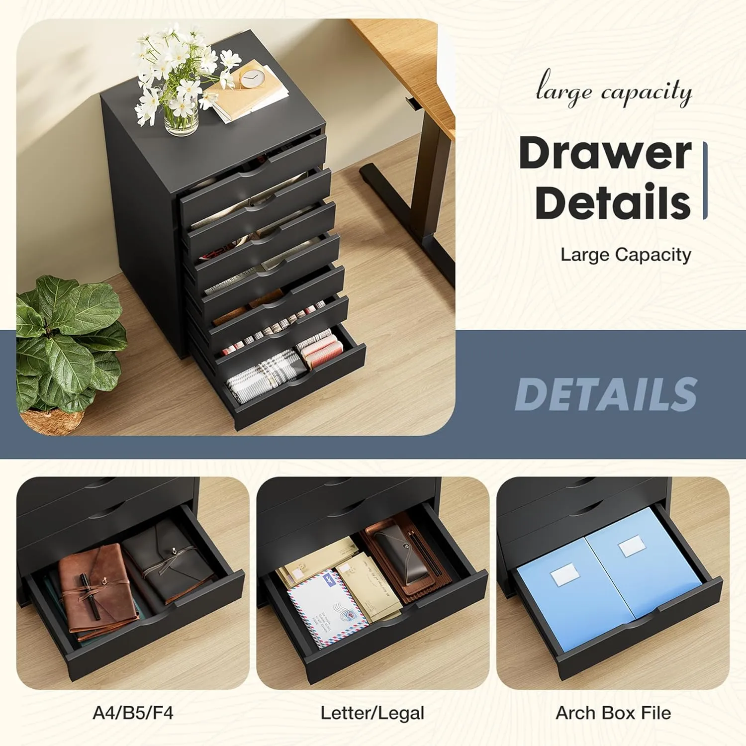 7-Drawer Chest File Cabinet, Wood Dresser Chest Mobile Office Storage Cabinets with Wheels, Small Tall Dressers Rolling Vertical File Cabinet Wood Organization Furniture for Office, Home, White