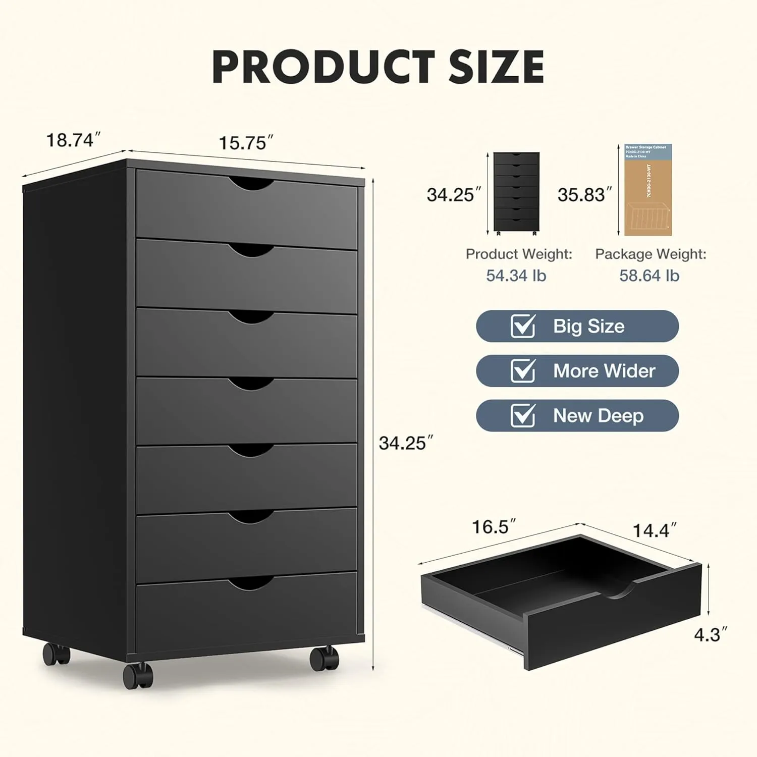 7-Drawer Chest File Cabinet, Wood Dresser Chest Mobile Office Storage Cabinets with Wheels, Small Tall Dressers Rolling Vertical File Cabinet Wood Organization Furniture for Office, Home, White