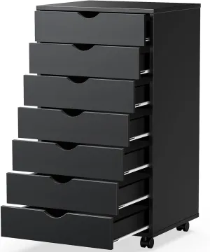 7-Drawer Chest File Cabinet, Wood Dresser Chest Mobile Office Storage Cabinets with Wheels, Small Tall Dressers Rolling Vertical File Cabinet Wood Organization Furniture for Office, Home, White