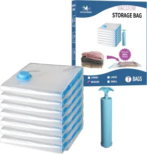 7 Pack Medium Space Saver Vacuum Storage Bags for Clothing Travel, Vacuum Seal Compression Bags for Clothes, Packing, Luggage, Blankets, Comforters and Pillows, Hand Pump Included