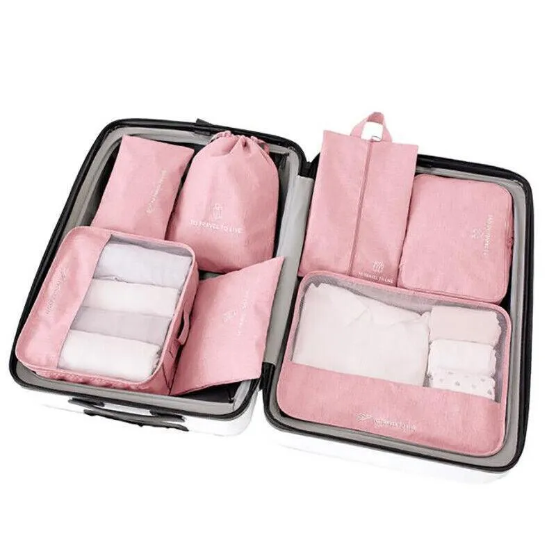 7Pcs Packing Cubes Travel Pouches Luggage Organiser Clothes Suitcase Storage Bag