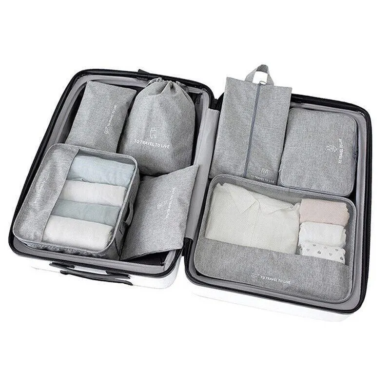 7Pcs Packing Cubes Travel Pouches Luggage Organiser Clothes Suitcase Storage Bag
