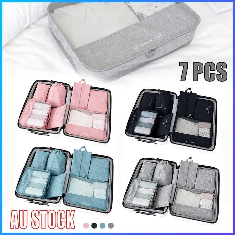 7Pcs Packing Cubes Travel Pouches Luggage Organiser Clothes Suitcase Storage Bag