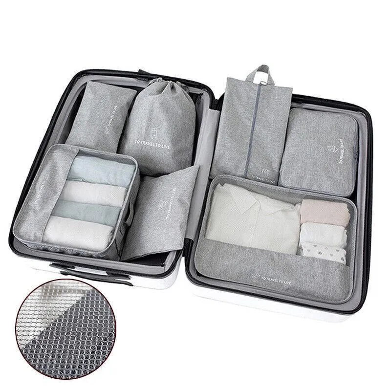7Pcs Packing Cubes Travel Pouches Luggage Organiser Clothes Suitcase Storage Bag