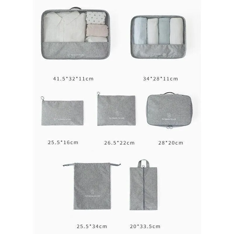 7Pcs Packing Cubes Travel Pouches Luggage Organiser Clothes Suitcase Storage Bag