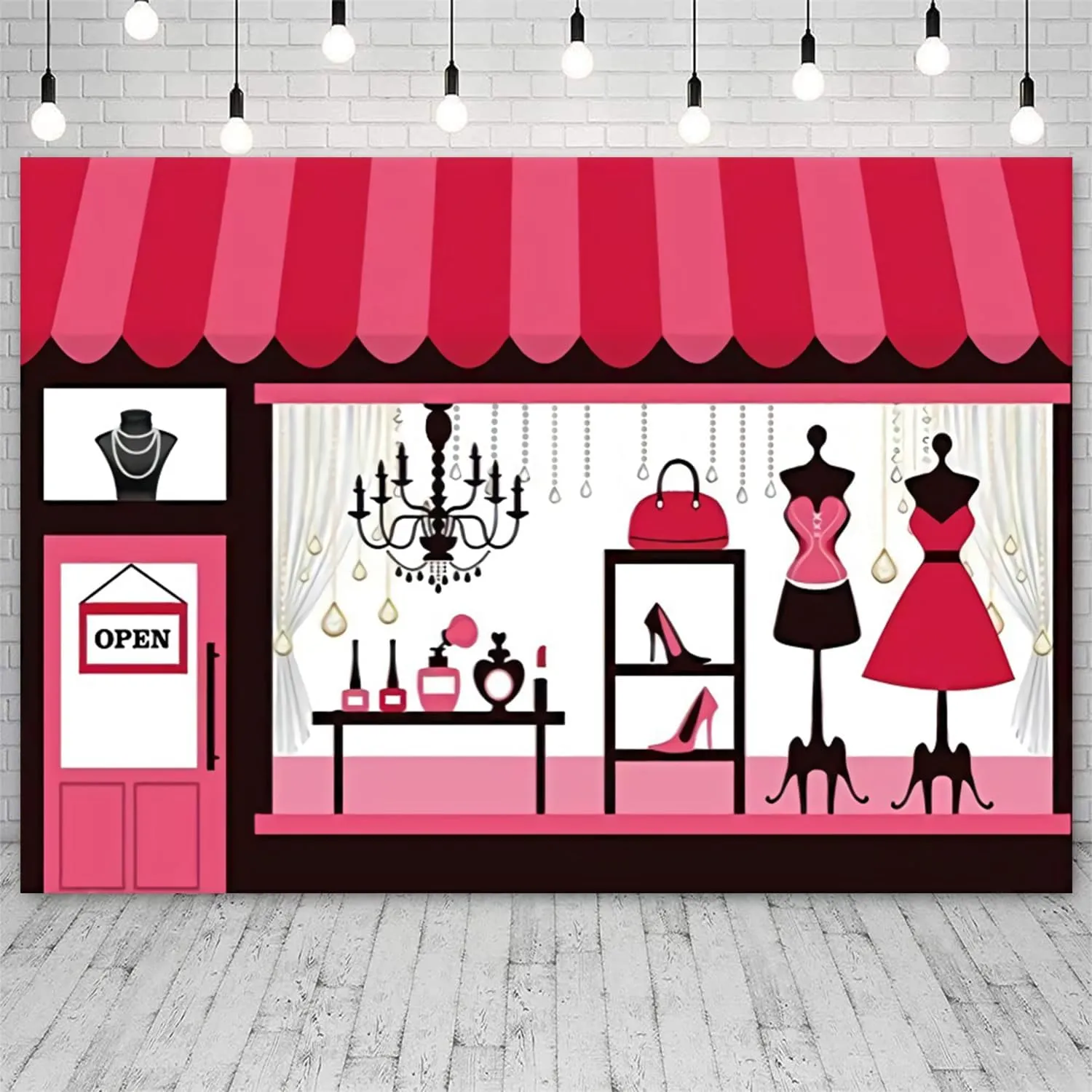 7x5ft Clothing Store Backdrop Girls Ladies Dress High Heels Chandelier Clothing Shop Window Showroom Photography Background Female Women Event Birthday Party Decoration Photo Props