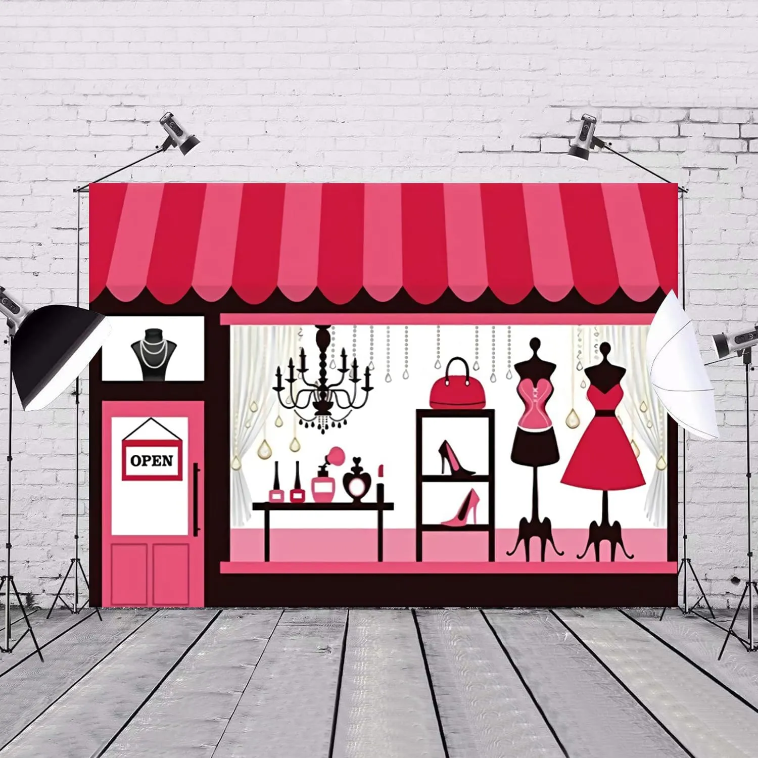 7x5ft Clothing Store Backdrop Girls Ladies Dress High Heels Chandelier Clothing Shop Window Showroom Photography Background Female Women Event Birthday Party Decoration Photo Props