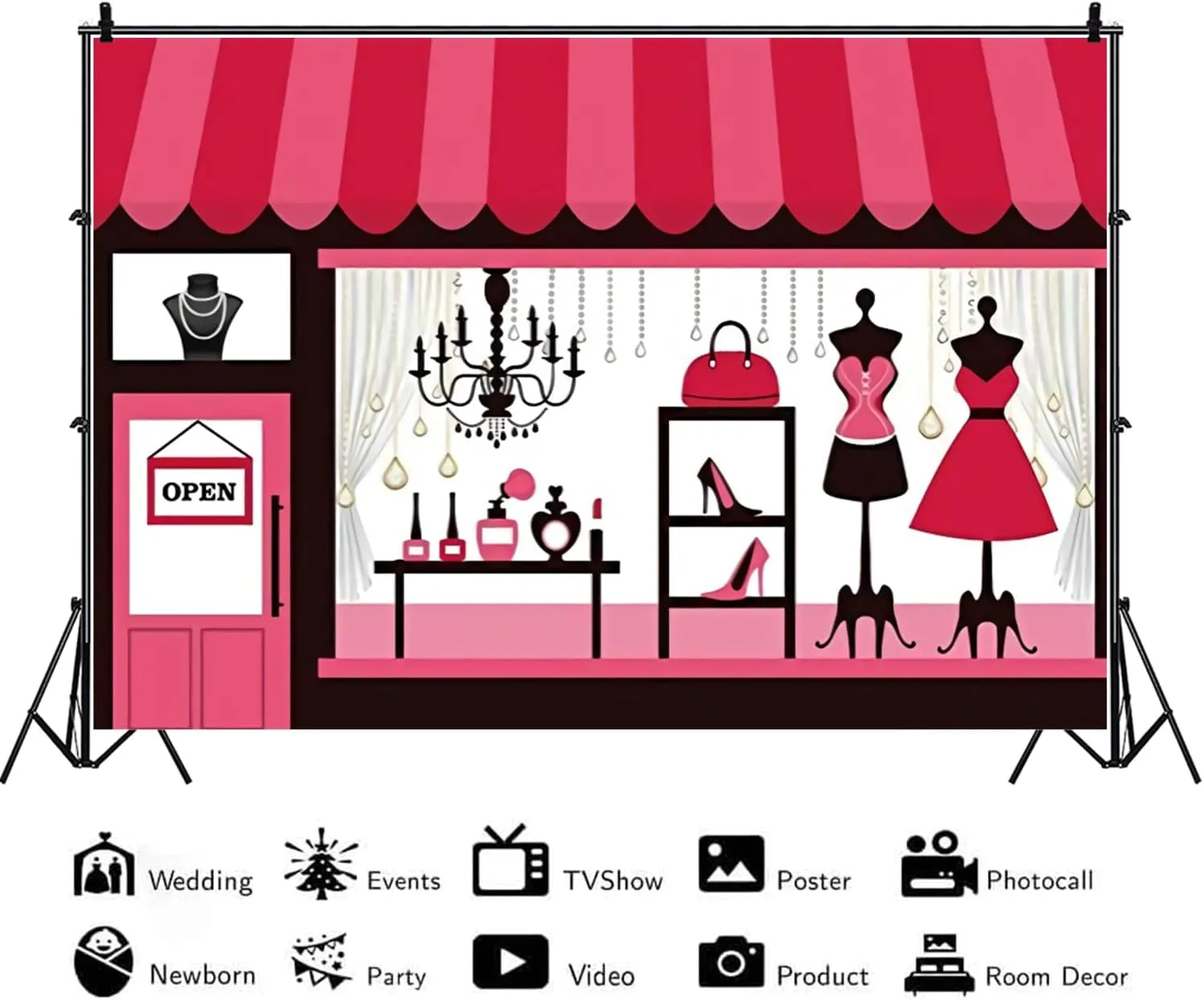 7x5ft Clothing Store Backdrop Girls Ladies Dress High Heels Chandelier Clothing Shop Window Showroom Photography Background Female Women Event Birthday Party Decoration Photo Props